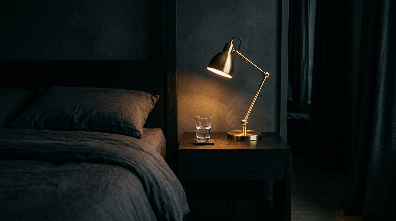 Minimal bedside table at 3am — brass lamp, glass of water
