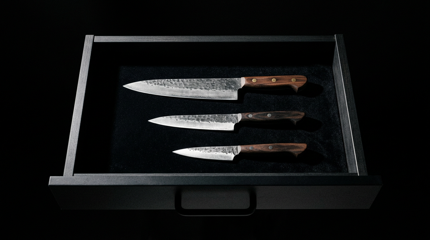 Three knives in an organised drawer — nothing else